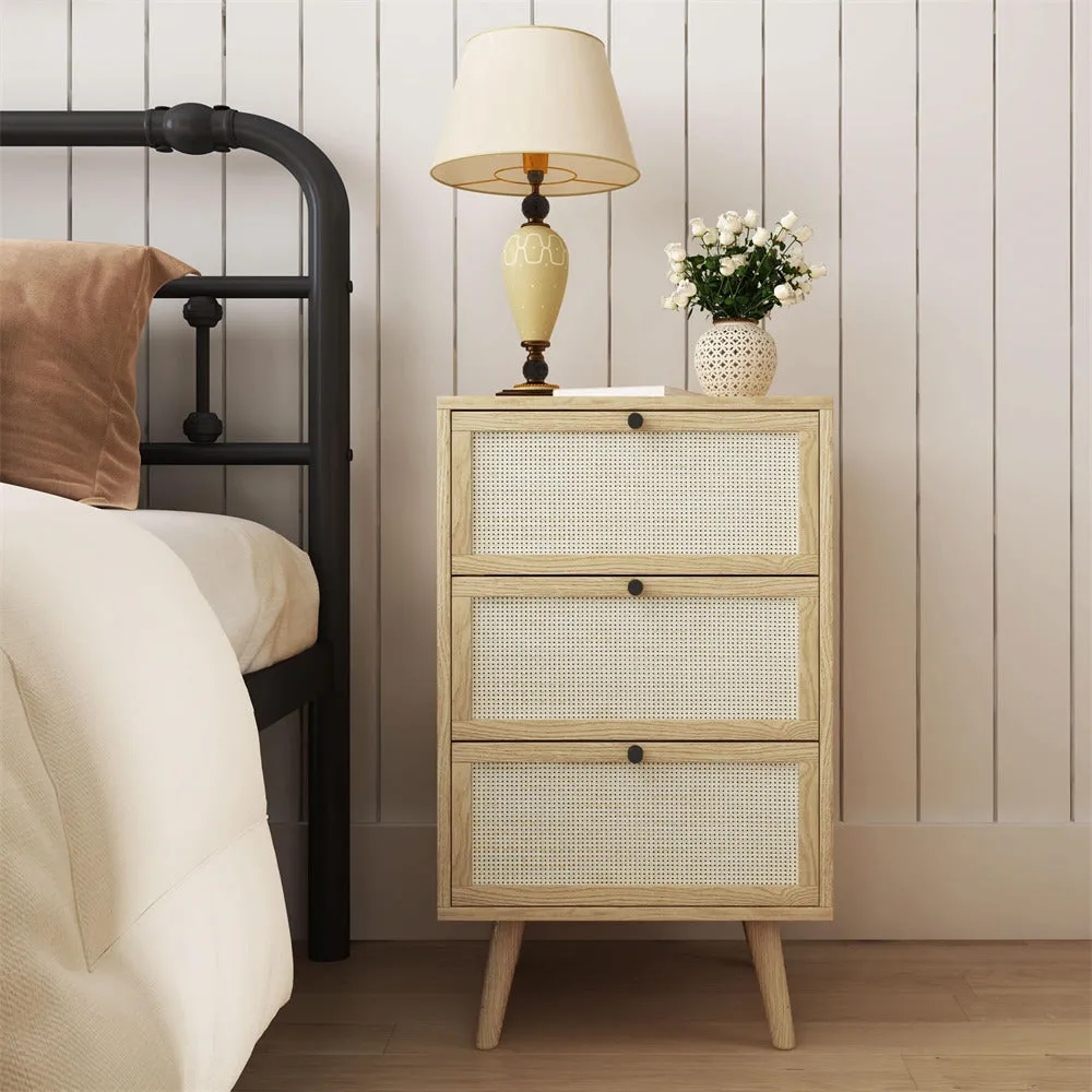 Rattan Nightstand Set of 2 Wood End Table with 3 Hand Made Rattan Decorated Drawers