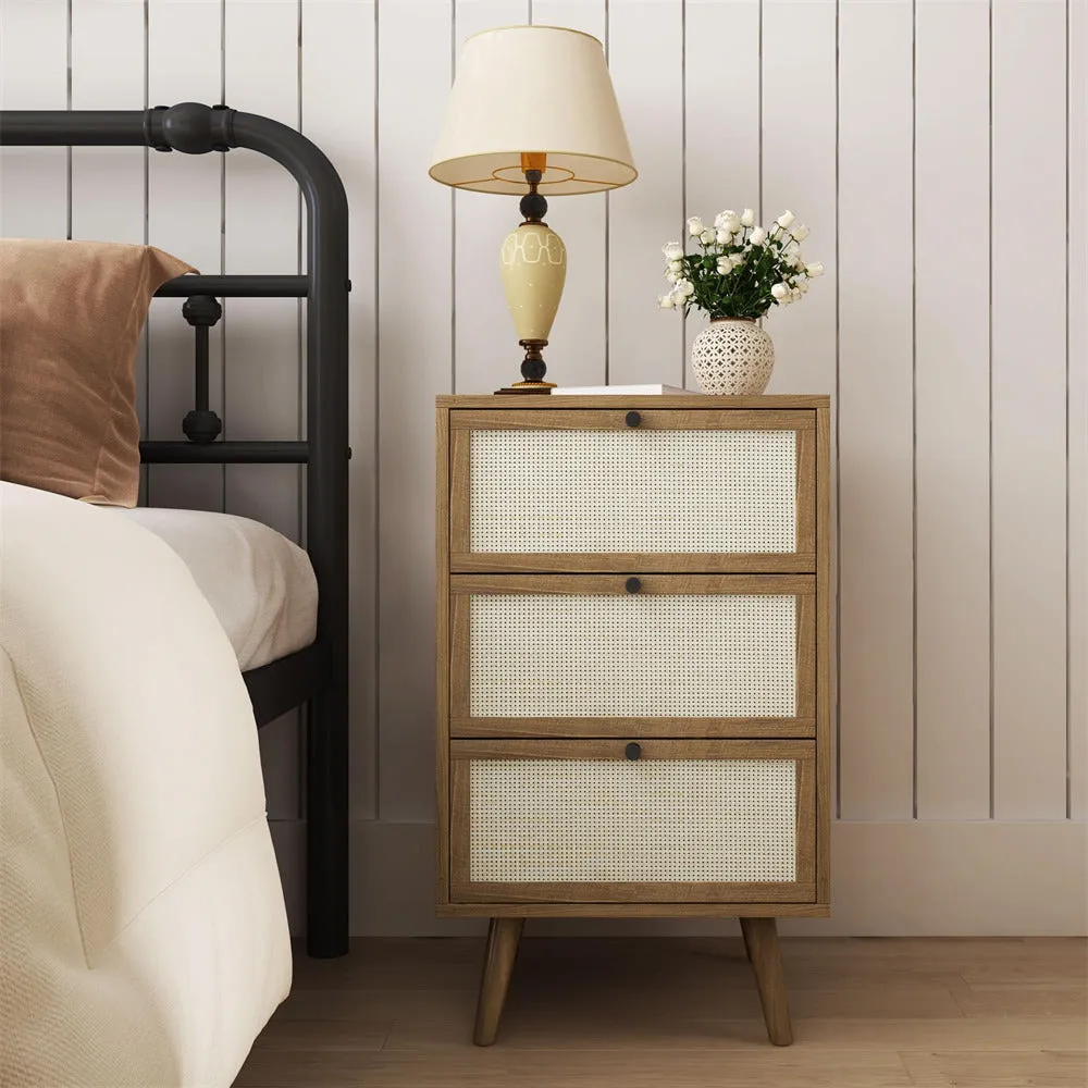 Rattan Nightstand Set of 2 Wood End Table with 3 Hand Made Rattan Decorated Drawers