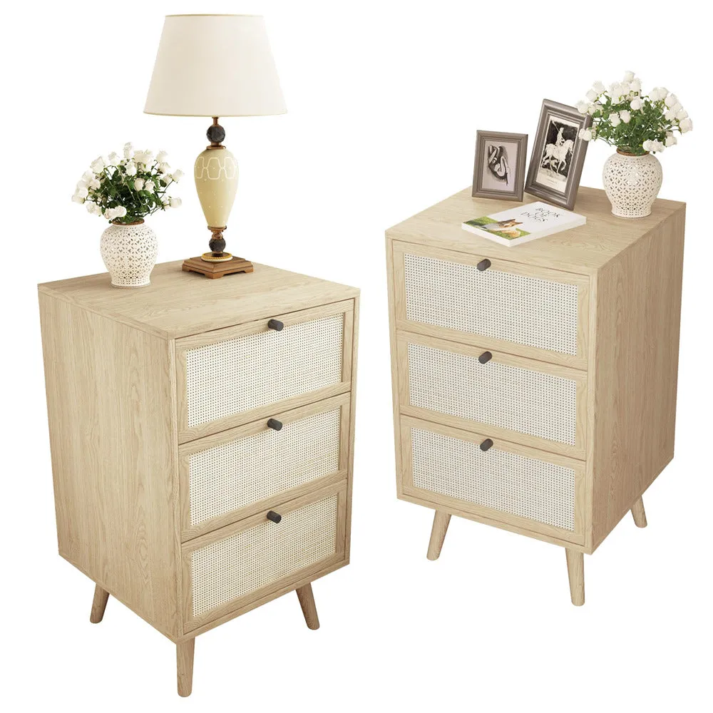 Rattan Nightstand Set of 2 Wood End Table with 3 Hand Made Rattan Decorated Drawers