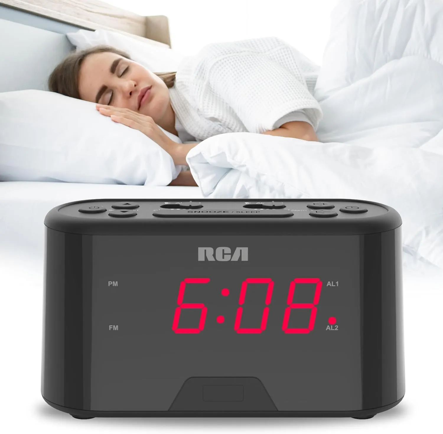 RCA AM/FM Alarm Clock Radio w/Red LED And Dual Wake - Black