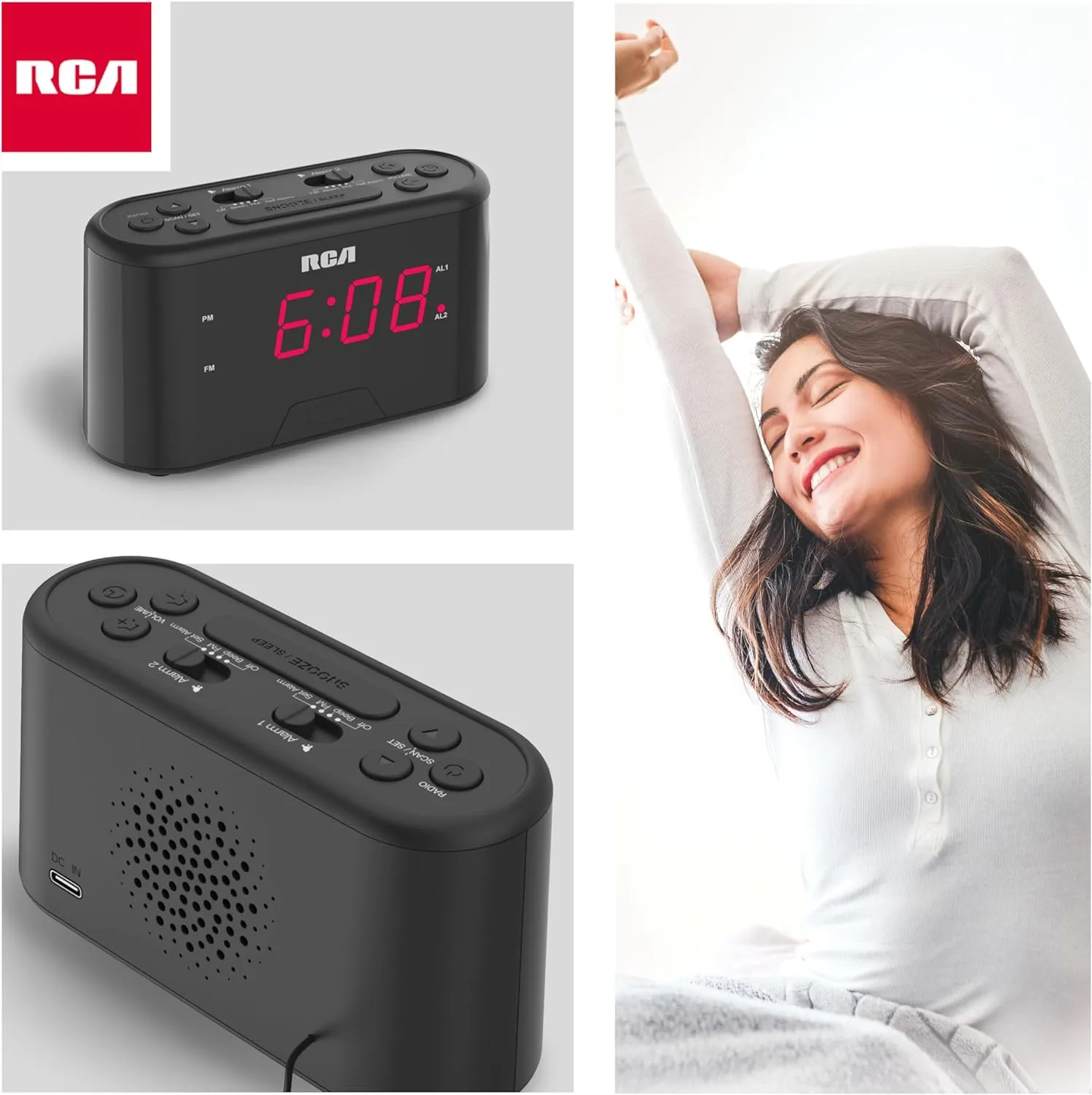 RCA AM/FM Alarm Clock Radio w/Red LED And Dual Wake - Black