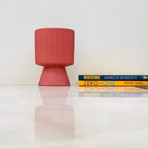 Red Ribbed Pedestal Ceramic Planter – Modern Hourglass Design