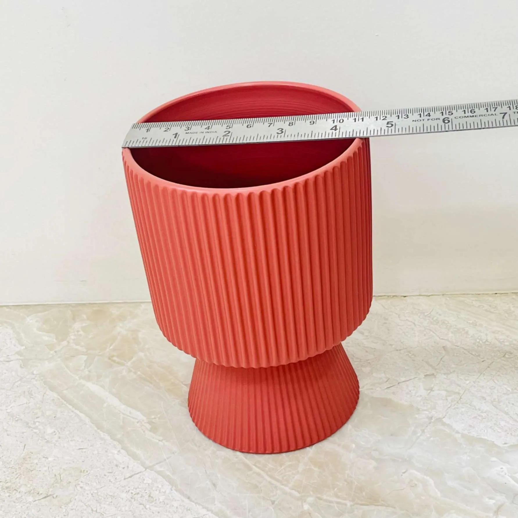 Red Ribbed Pedestal Ceramic Planter – Modern Hourglass Design