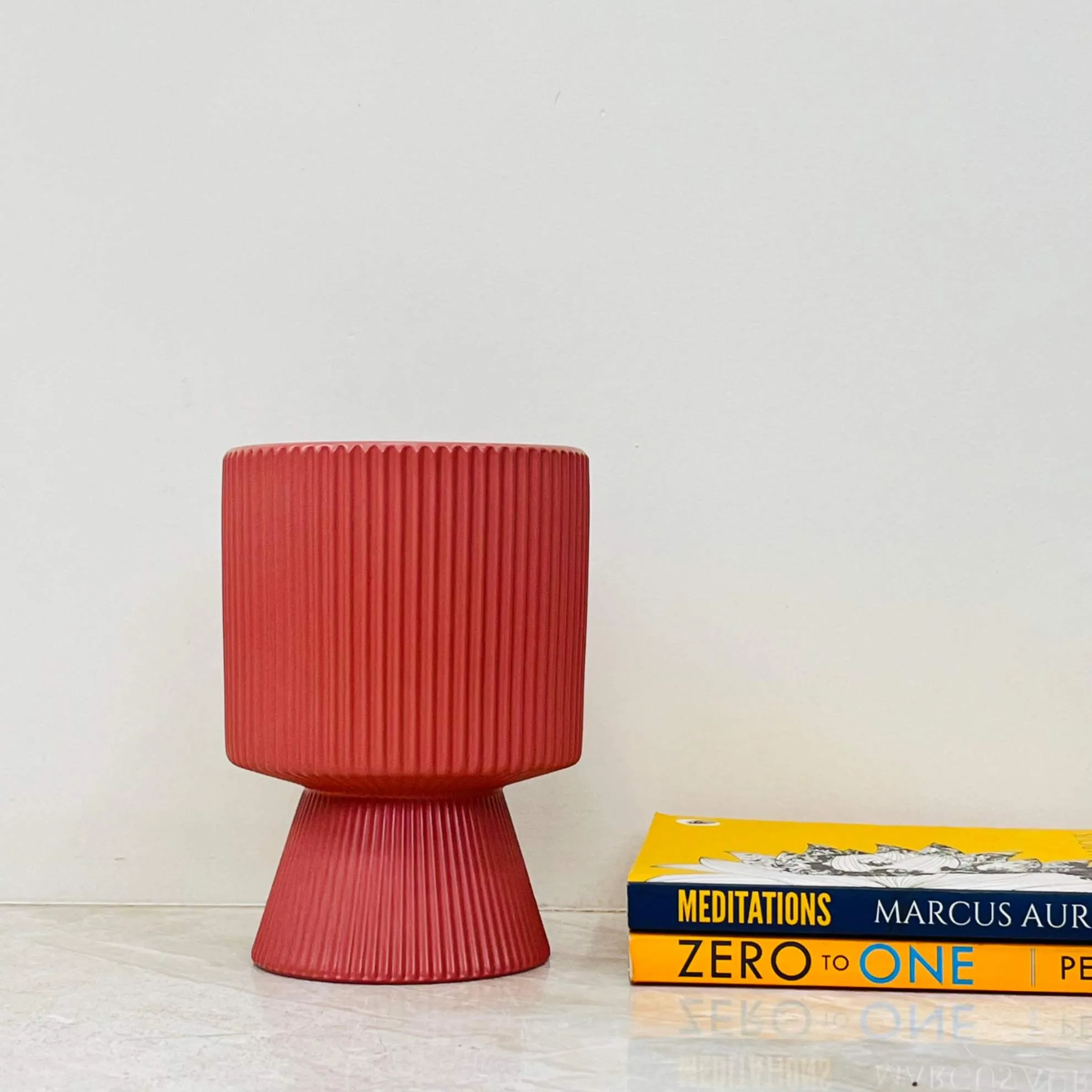 Red Ribbed Pedestal Ceramic Planter – Modern Hourglass Design