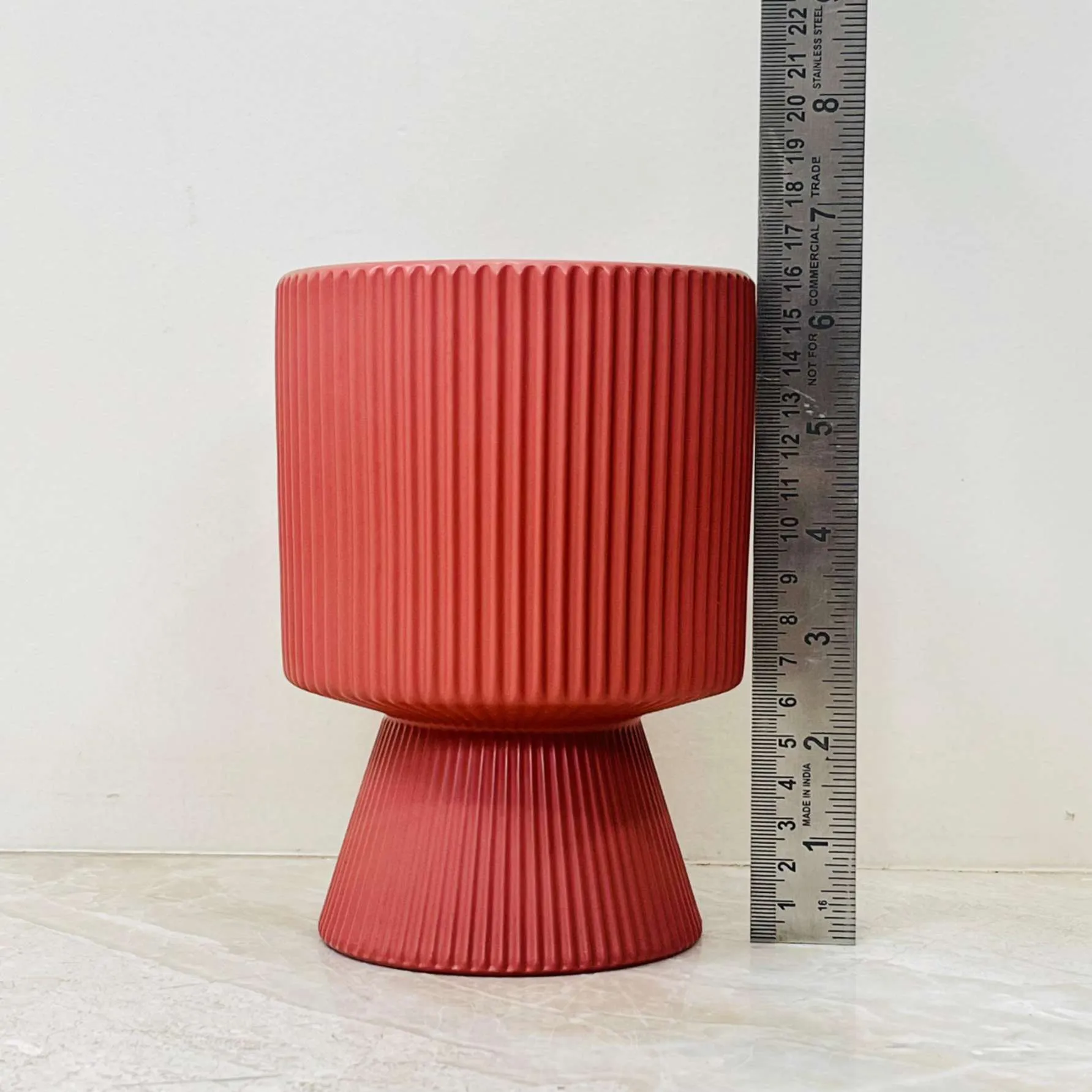 Red Ribbed Pedestal Ceramic Planter – Modern Hourglass Design