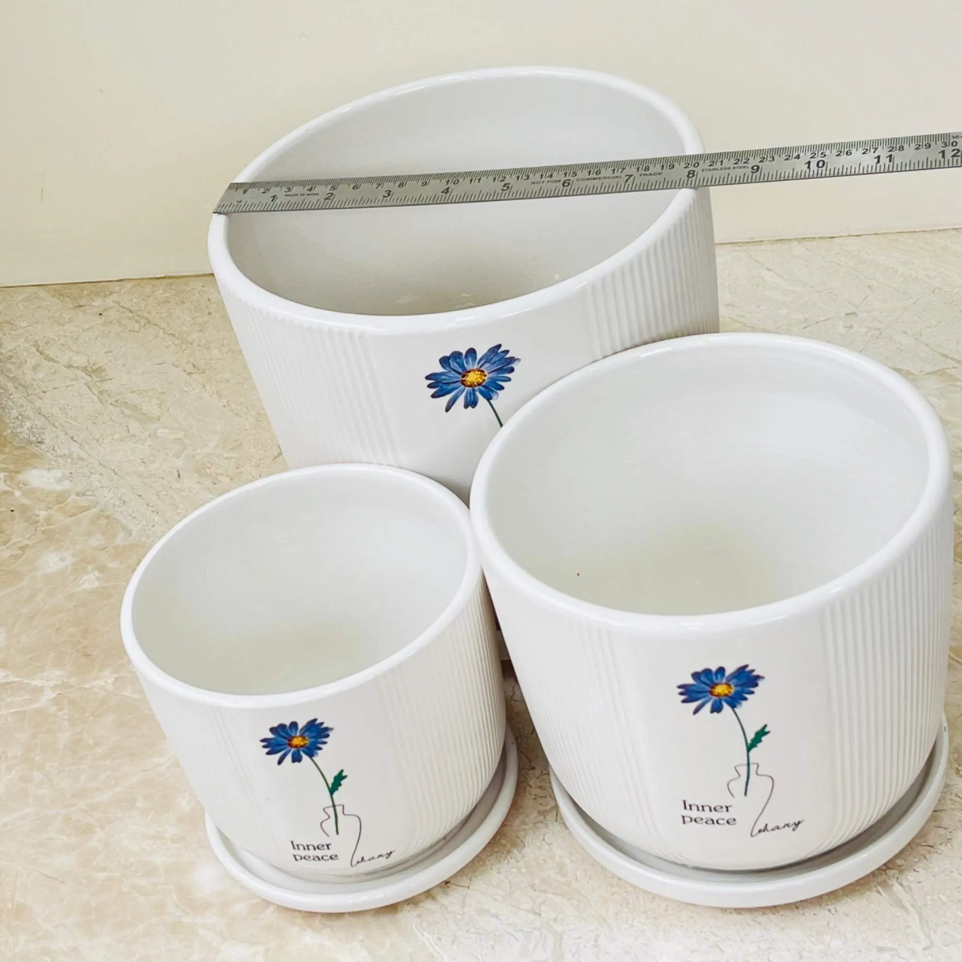 Ribbed Ceramic Pots with 'Inner Peace' Illustration (Set Of 3)