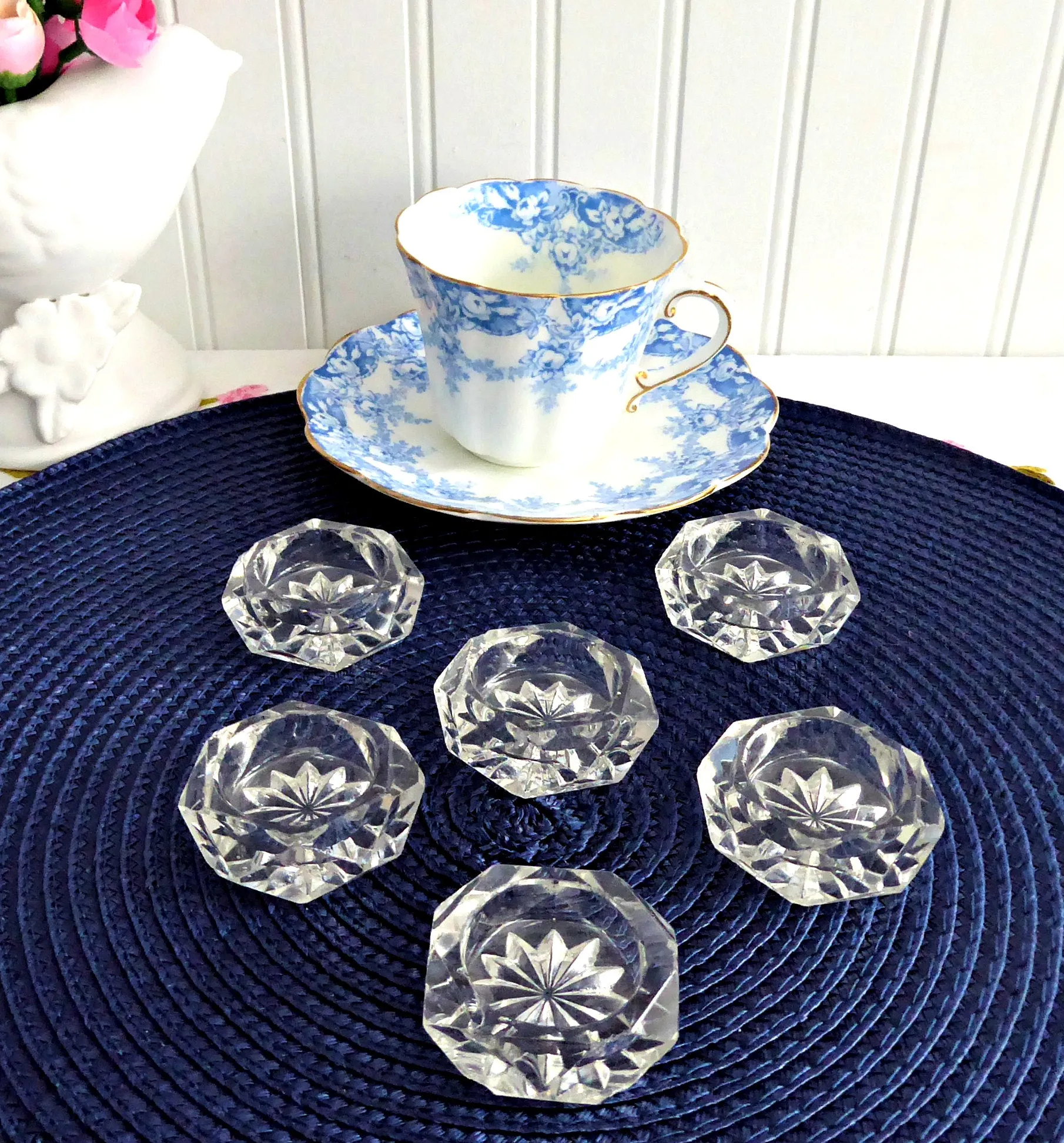 Salt Dips Set 6 Victorian 1890s Honeycomb Diamond Faceted Glass Open Salts