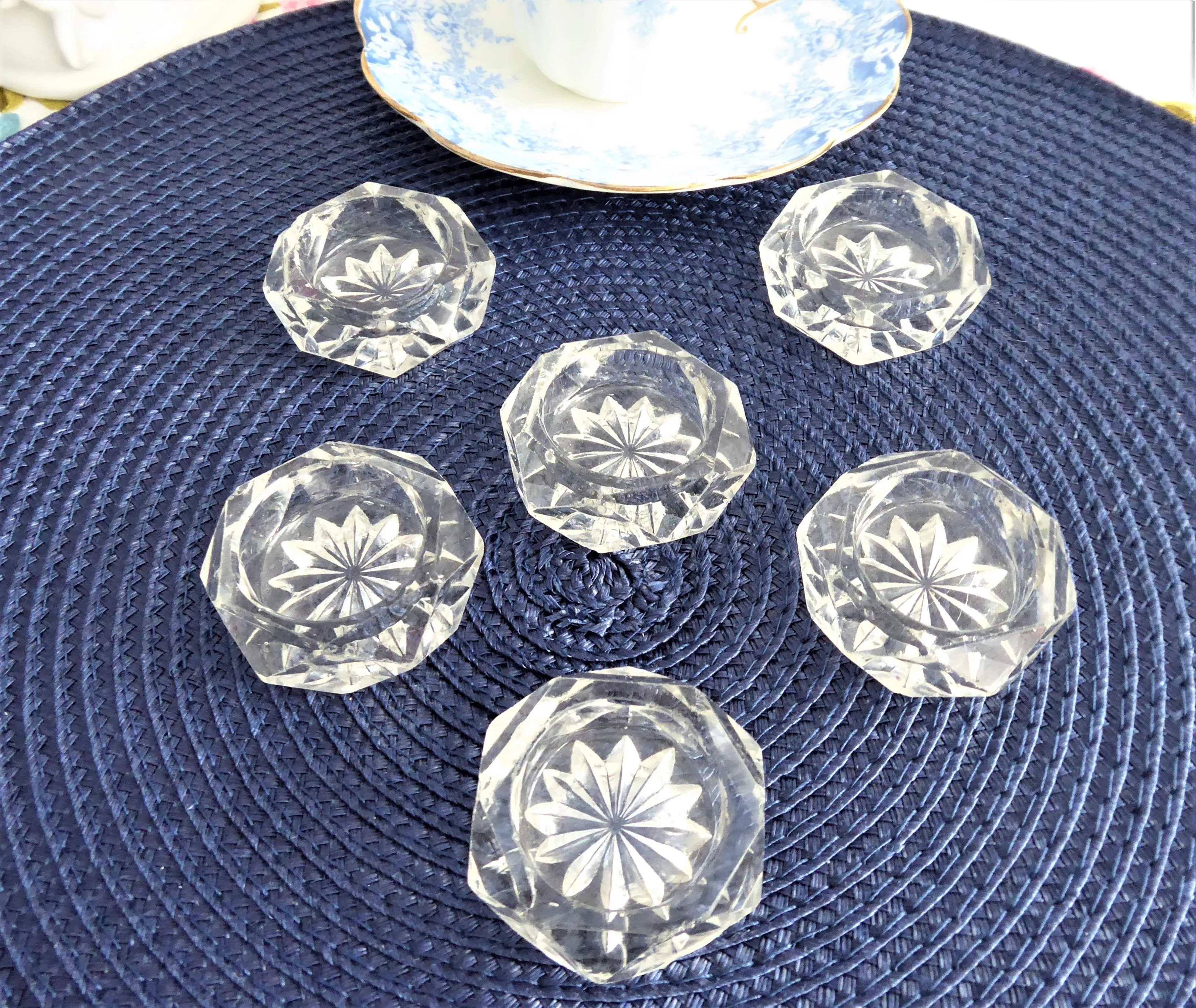 Salt Dips Set 6 Victorian 1890s Honeycomb Diamond Faceted Glass Open Salts