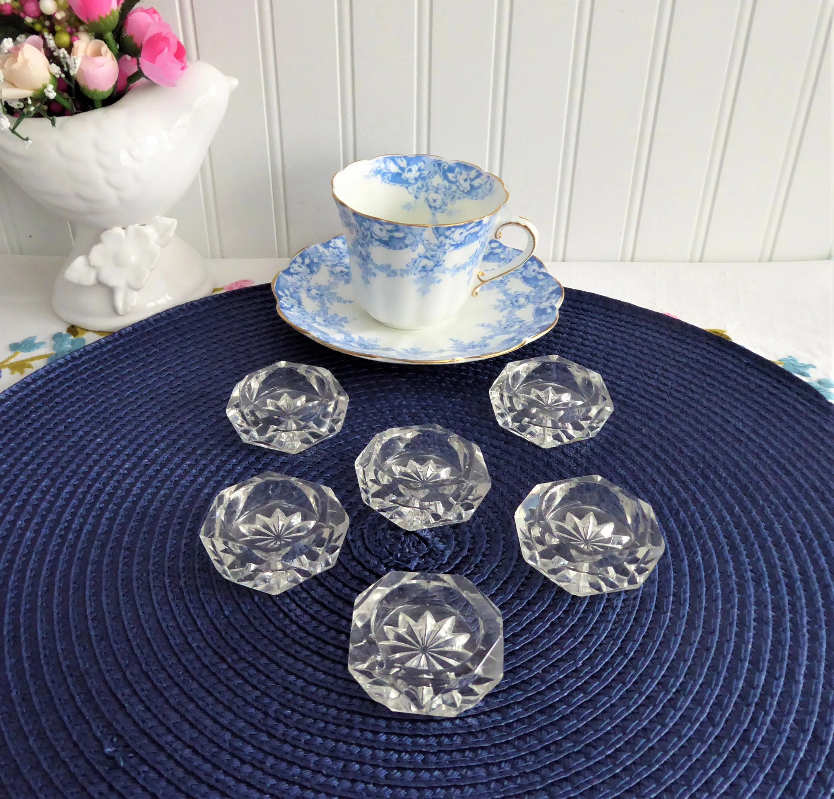 Salt Dips Set 6 Victorian 1890s Honeycomb Diamond Faceted Glass Open Salts