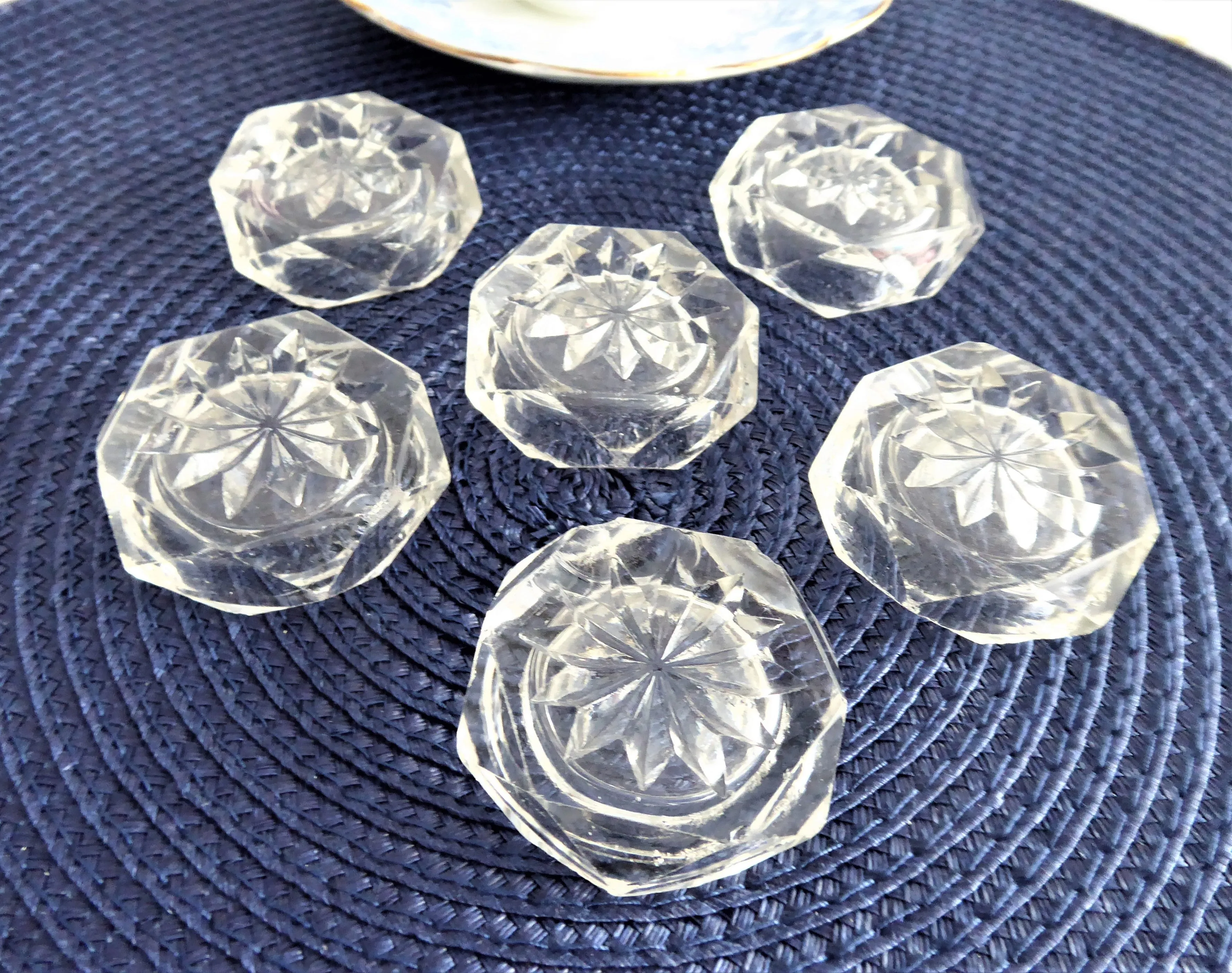 Salt Dips Set 6 Victorian 1890s Honeycomb Diamond Faceted Glass Open Salts