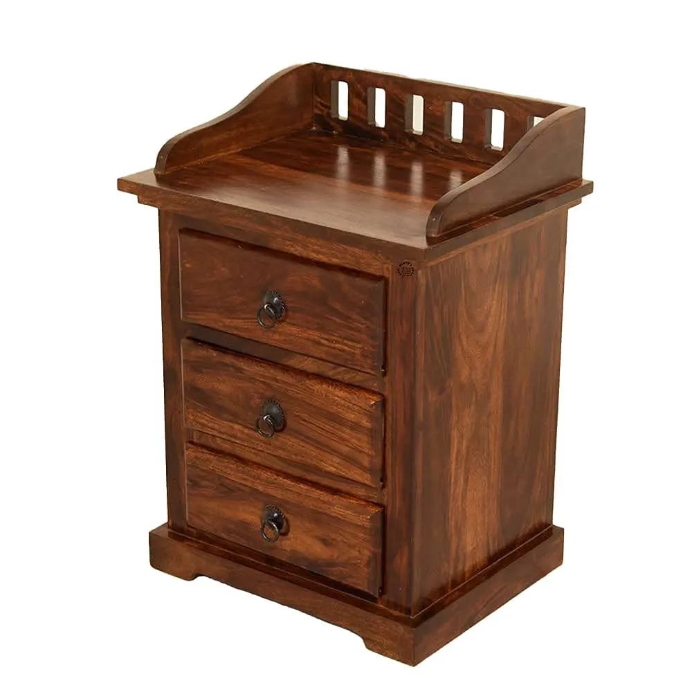 SHRI MINTU'S ART Sheesham Wood Bedside Table for Bedroom | Wooden Bed Side Nightstand Table | Night Stand Lamp Holder for Home | End Table for Living Room with 3 Drawer Storage | Honey Brown