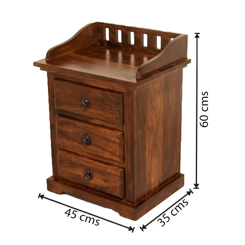 SHRI MINTU'S ART Sheesham Wood Bedside Table for Bedroom | Wooden Bed Side Nightstand Table | Night Stand Lamp Holder for Home | End Table for Living Room with 3 Drawer Storage | Honey Brown