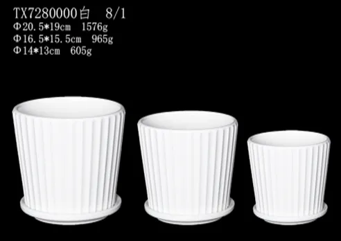 Stylish White Line Design Ceramic Pot Set with Plate - Set of 3