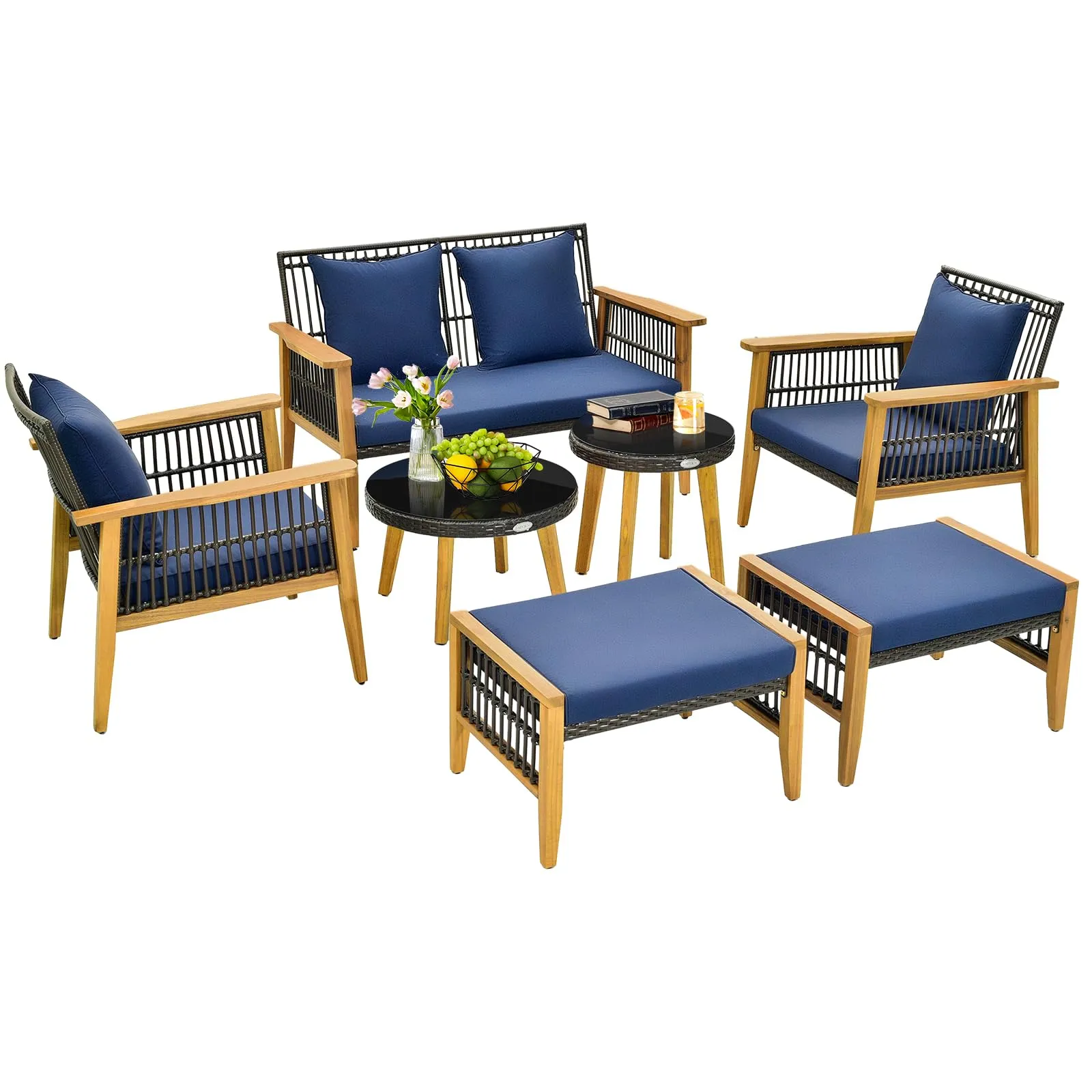 Tangkula 7 Piece Outdoor Conversation Set, Patiojoy Rattan Chair Set with 2 Coffee Tables & 2 Ottomans