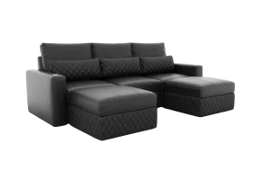 Valencia Pisa Top Grain Nappa 11000 Leather Lounge Sectional Sofa, Three Seats with 2 Ottomans, Black