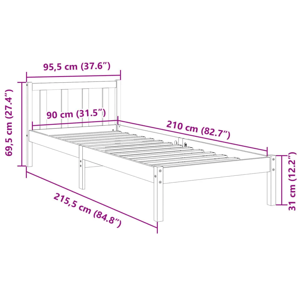 vidaXL Extra Long Bed Frame without Mattress White 90x210 cm Solid Wood Pine