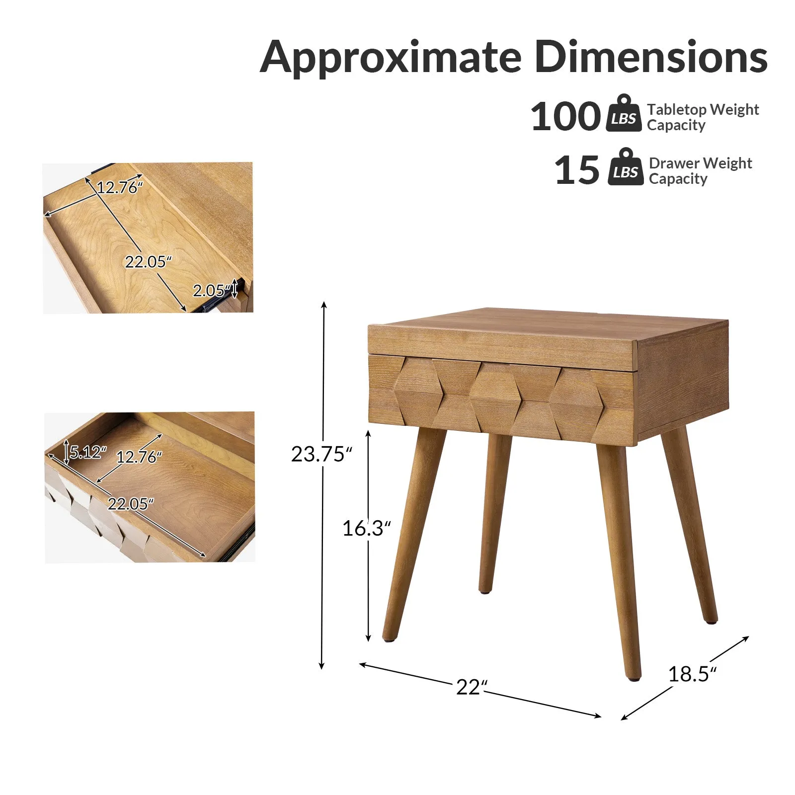 Vivian Mid-century Modern Nightstand with Charging Station