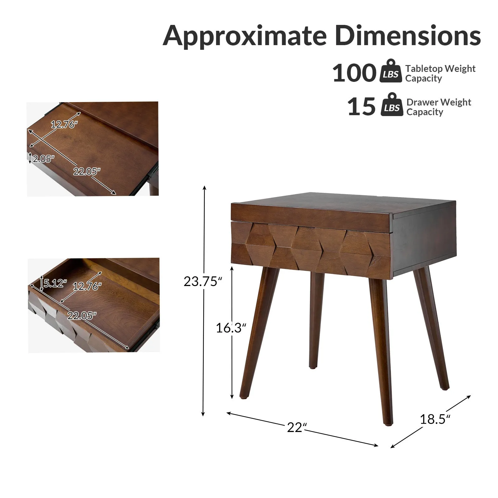 Vivian Mid-century Modern Nightstand with Charging Station