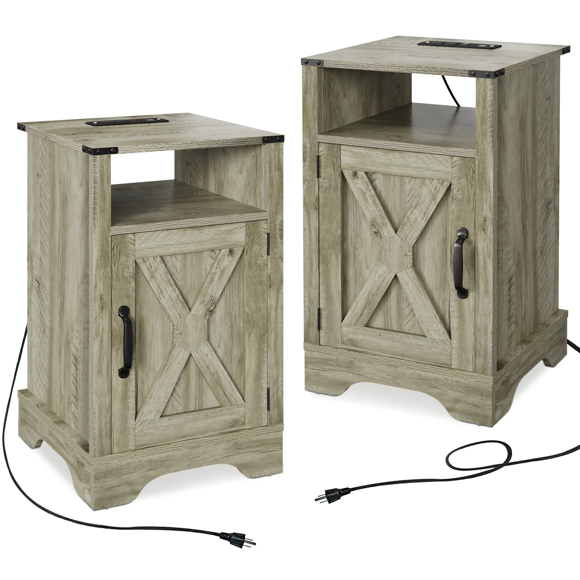 X Wooden Nightstand  with Electrical Outlets Charging Station  (2 Sets) - Light Gray