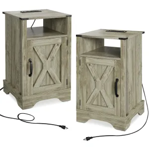 X Wooden Nightstand  with Electrical Outlets Charging Station  (2 Sets) - Light Gray