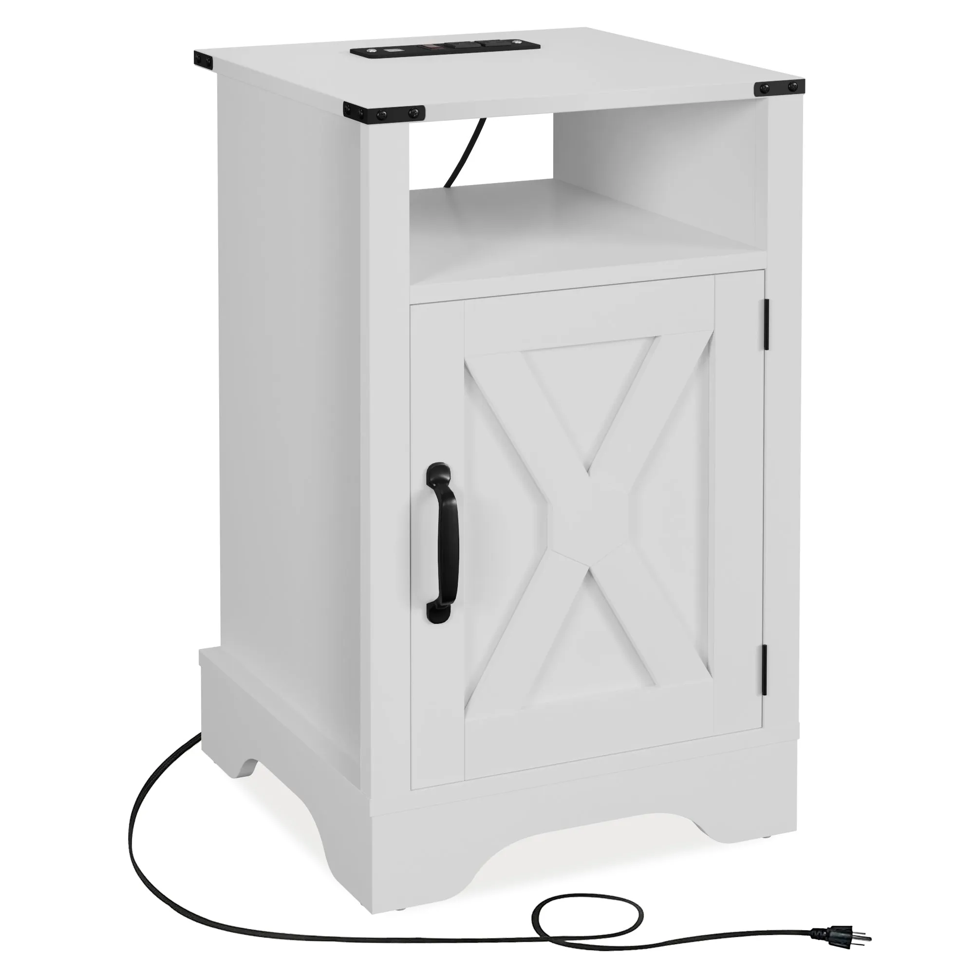 X Wooden Nightstand  with Electrical Outlets Charging Station  (2 Sets) - White