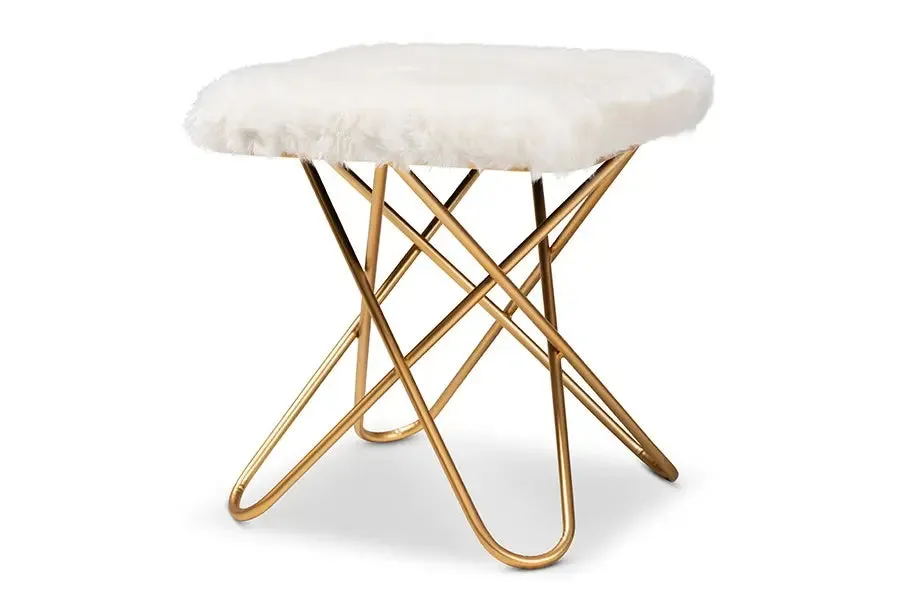 Zachary White Faux Fur Upholstered Gold Finished Metal Ottoman